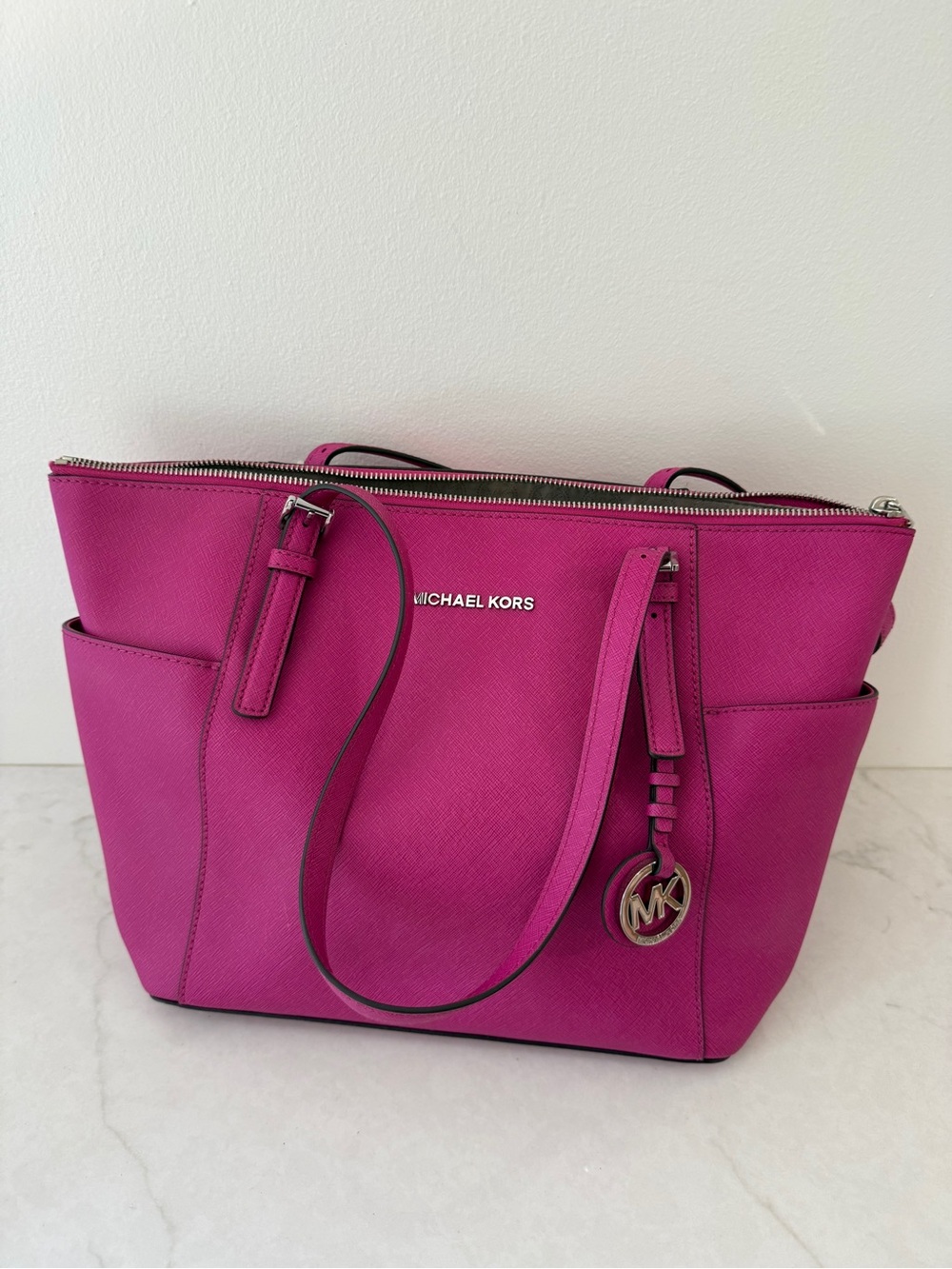 Michael Kors Fuchsia Saffiano Leather Tote with MK Charm